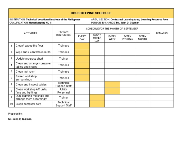 September Housekeeping Schedule NC II | PDF