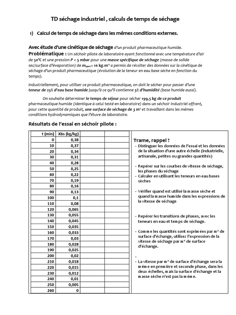 Calcul du temps de séchage industriel PDF Chimie Physique — free download