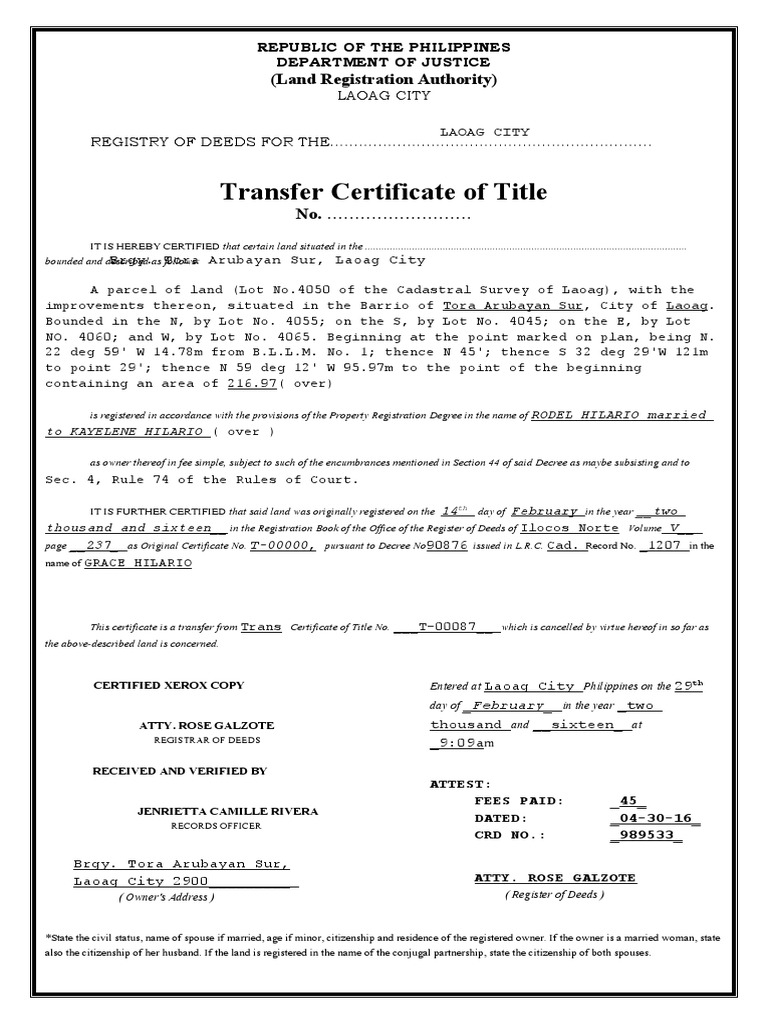 Transfer Certificate of Title (Land Registration Authority) PDF