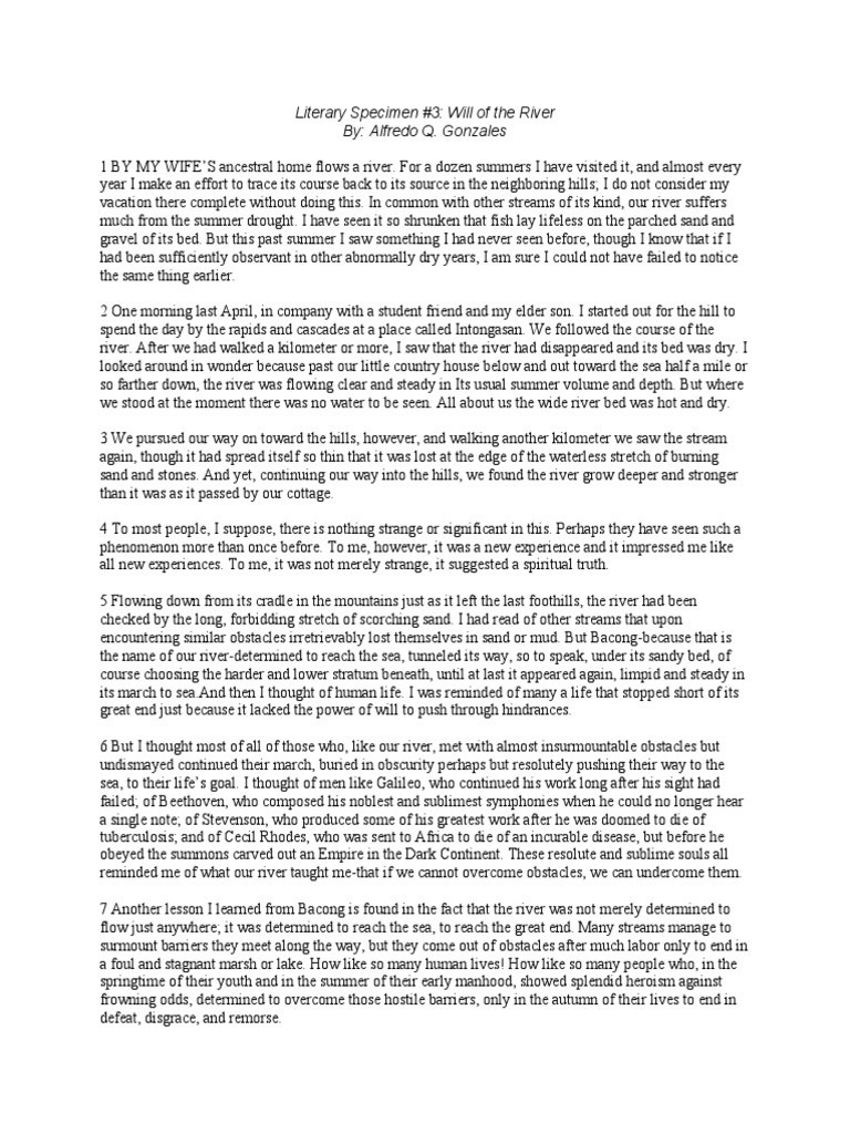 Literary Specimen 3 Will of The River By Alfredo Q. Gonzales PDF
