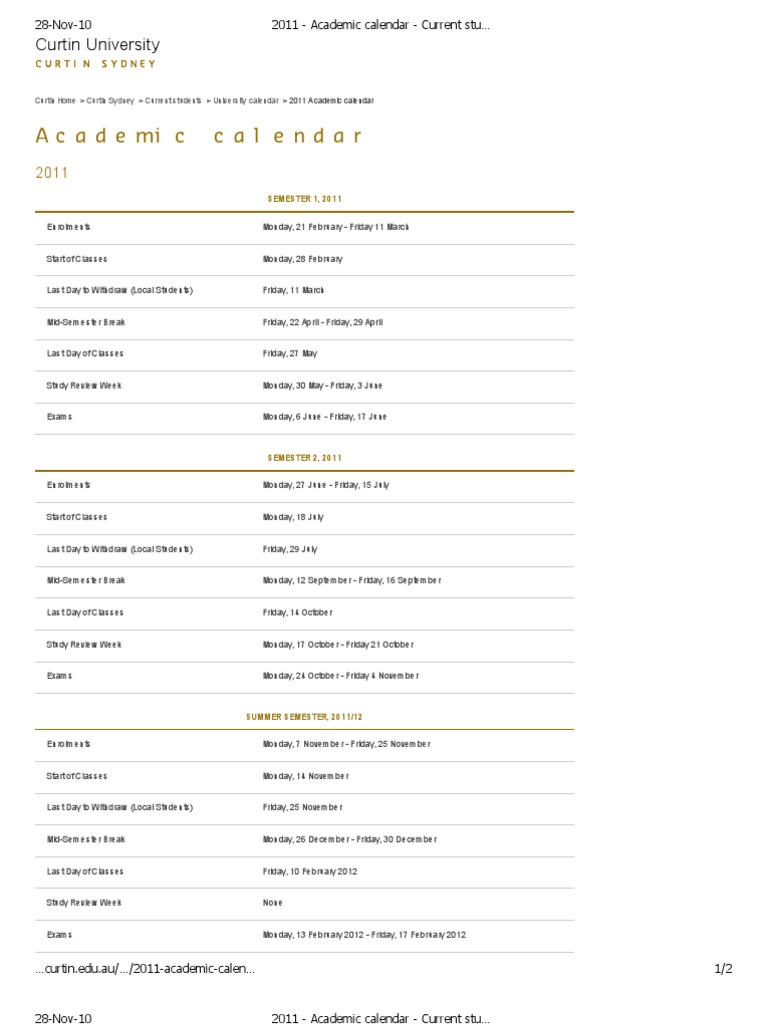 2011 Academic calendar Current students Curtin Sydney Academic
