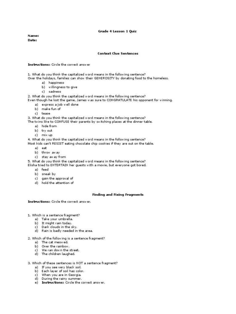 Grade 4 Context Clues Quiz | PDF | Question | Foods