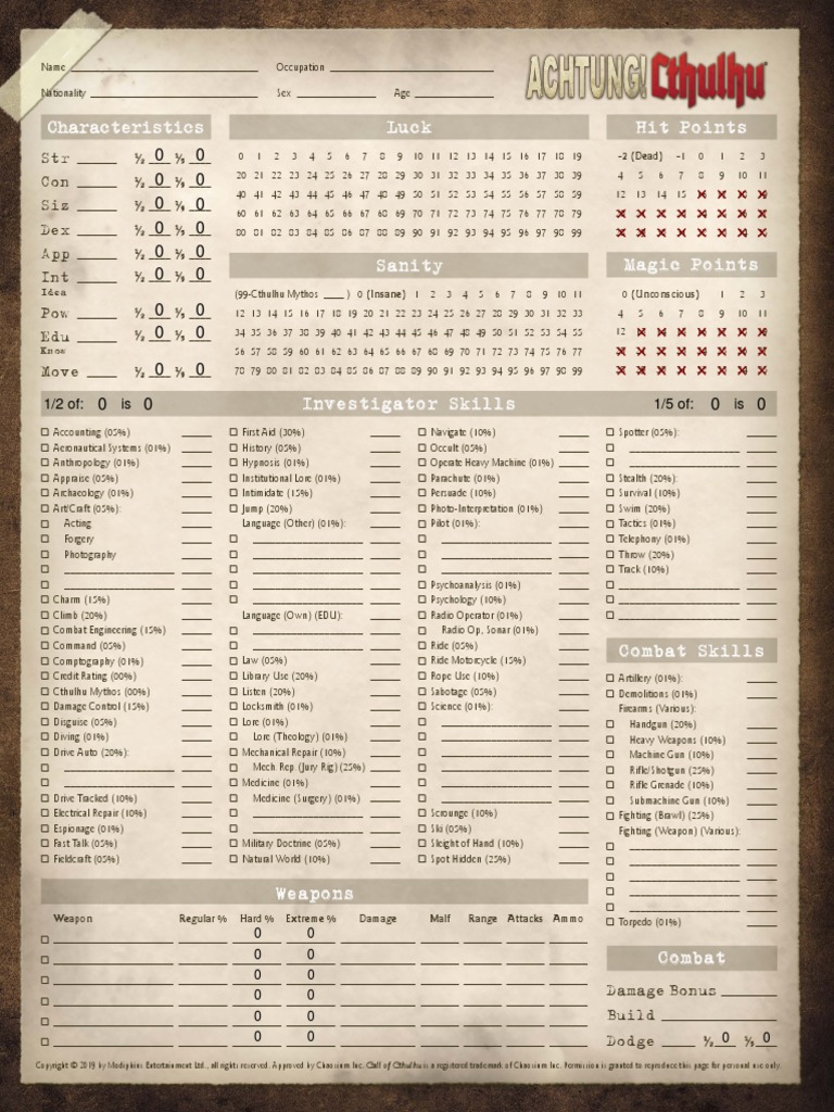Achtung! Cthulhu - Character Sheet (CoC 7E) | PDF | Firearms
