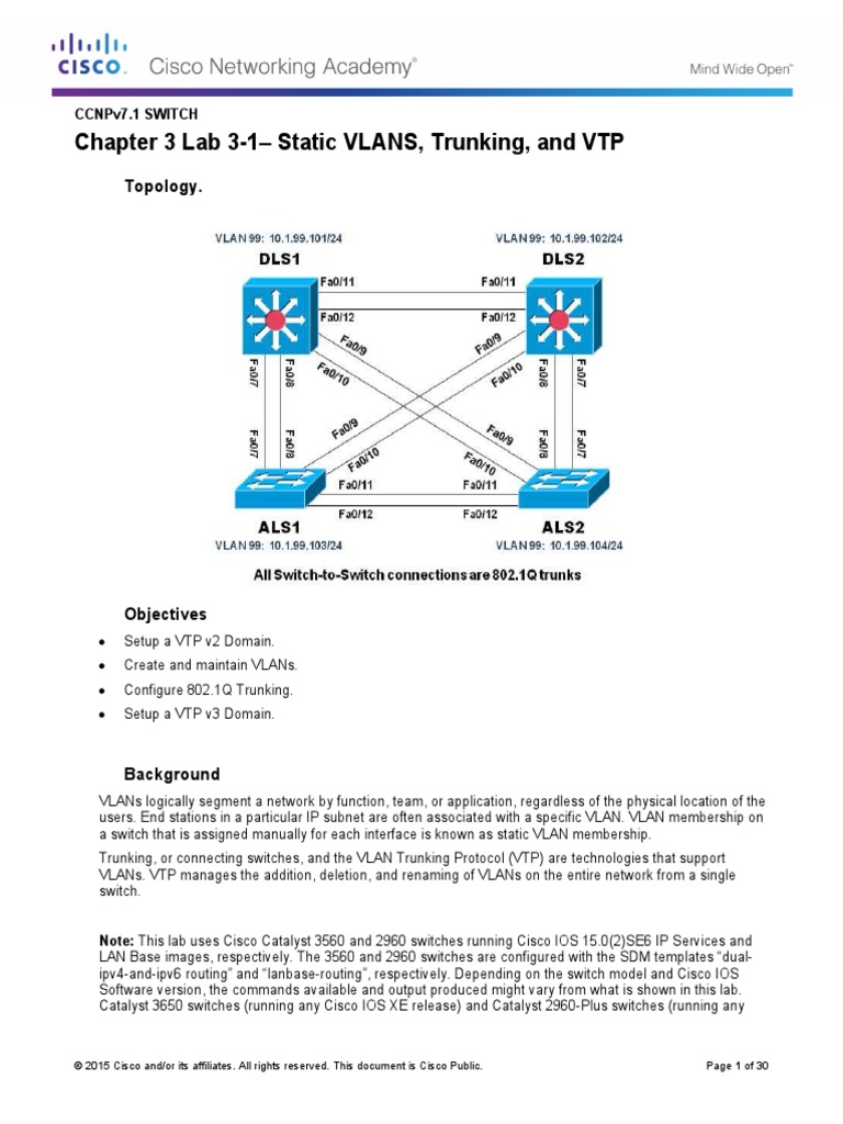 Chapter 3 Lab 3-1 - Static VLANS, Trunking, and VTP: Topology | PDF ...