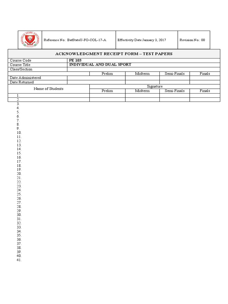 Acknowledgment Receipt for Test Papers | PDF