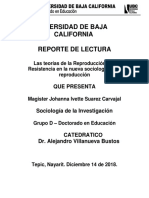Las Teorías de La Reproducción y La Resistencia en La Nueva Sociología de La Reproducción - Reporte de Lectura 4 - Johanna Ivette Suarez Carvajal.