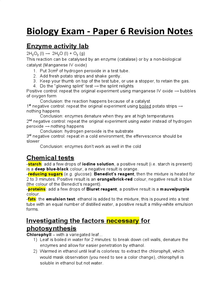 Biology Exam - Paper 6 Revision Notes: Enzyme Activity Lab | PDF |  Catalysis | Hydrogen Peroxide