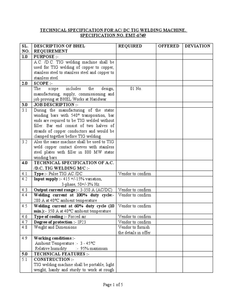 Tig Welding Machine Specification