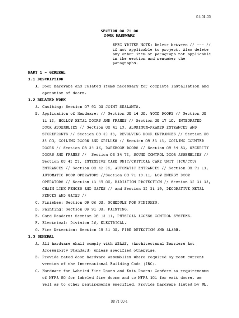 SECTION 08 71 00 Door Hardware | PDF | Door | Components