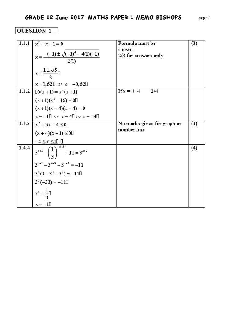 Grade 12 Maths June 2017 Paper 1 Memo | PDF | Teaching Mathematics ...