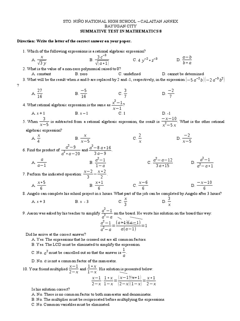 Math 8 Quarter 1 Summative Test | PDF | Fraction (Mathematics ...