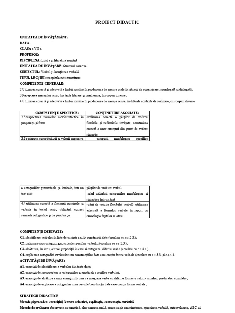 Verbul Si Locutiunea Verbalaproiect Didactic-1 | PDF
