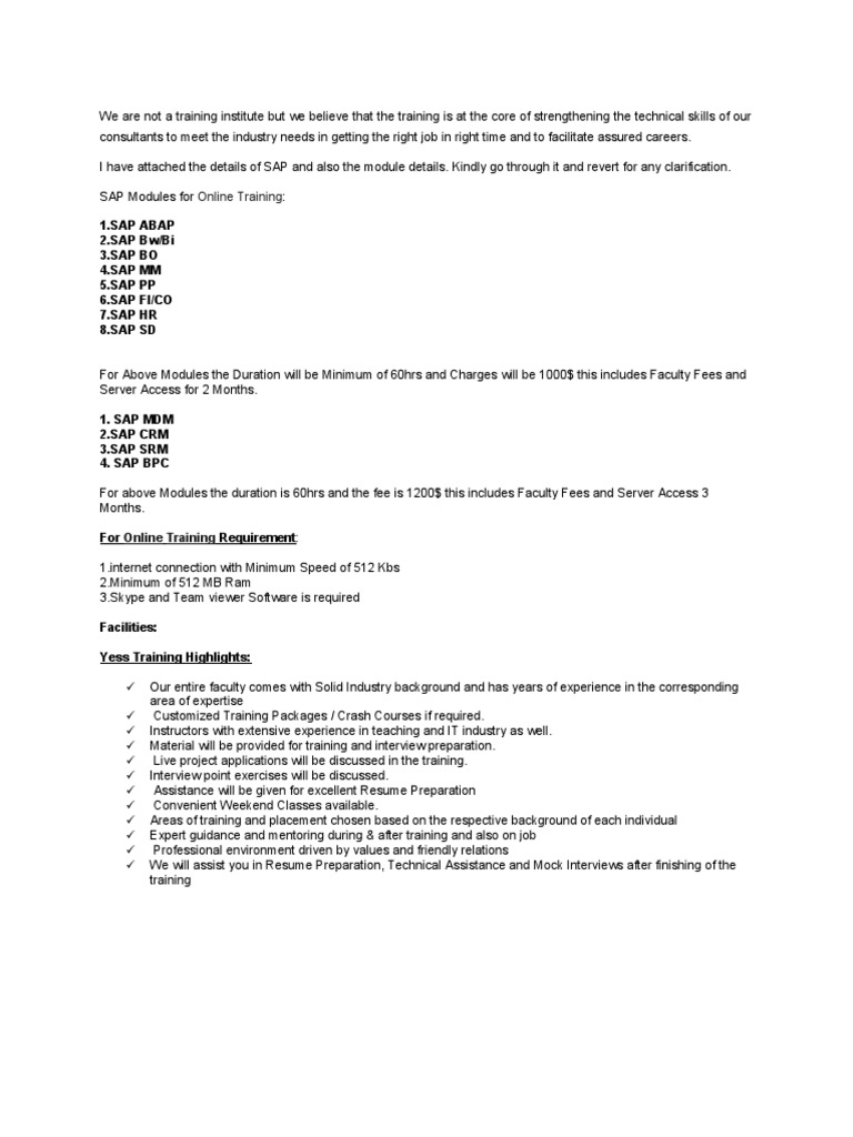 SAP Online Training Modules and Details | PDF | Career & Growth