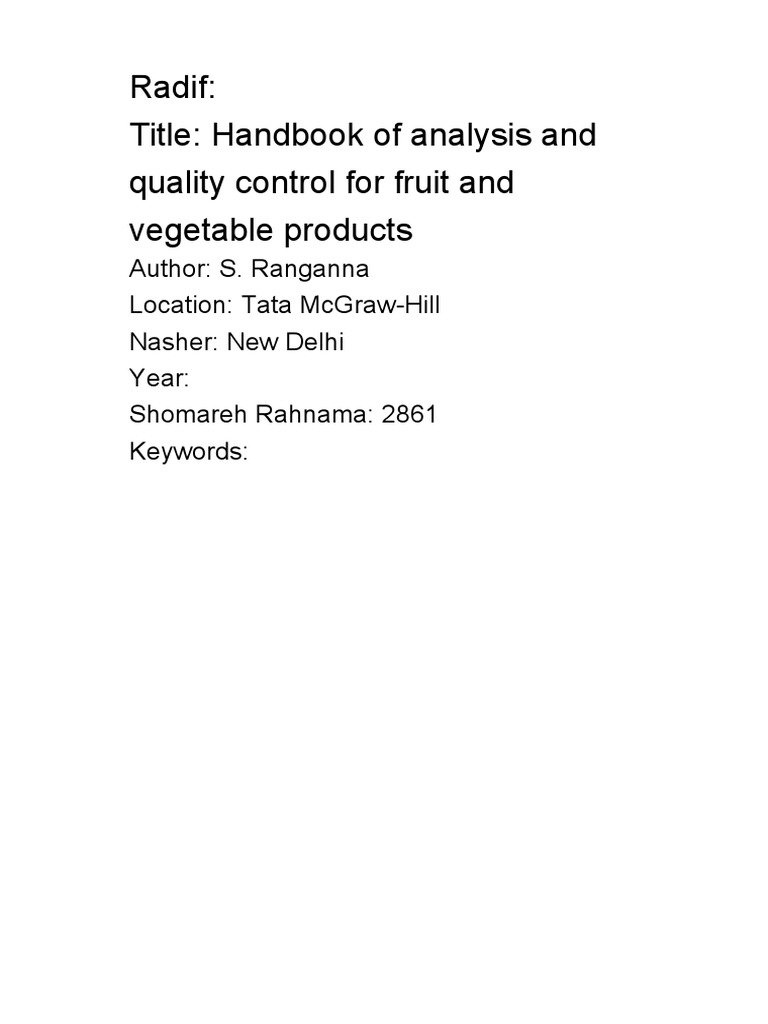Anaysis and Quality Control For Fruit and Vegetables Ranganna PDF | PDF