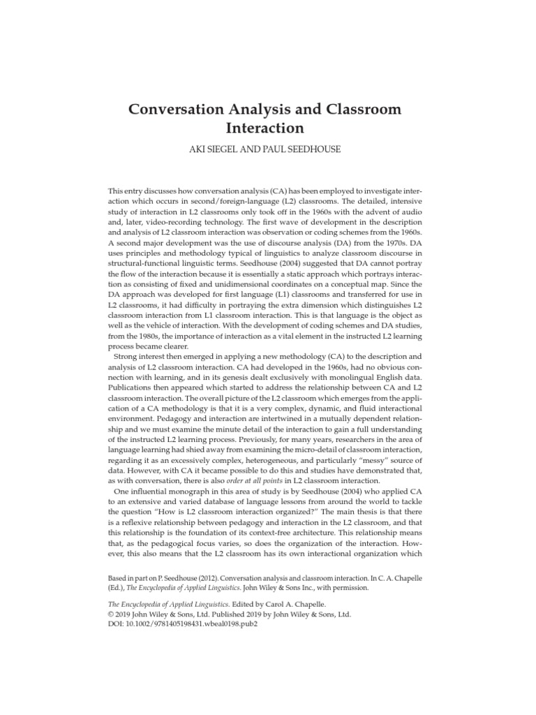 2019 Siegel Conversation Analysis and Classroom Interaction PDF | PDF ...