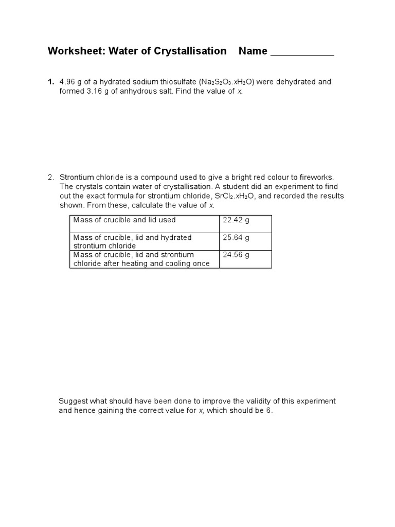 Worksheet: Water of Crystallisation Name: 1. 4.96 G of A Hydrated ...