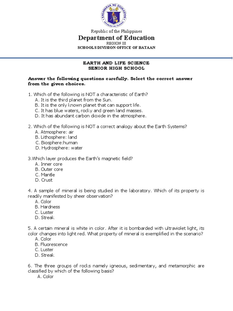Grade 11 Earth and Life Science Quiz | PDF | Rock (Geology) | Earth