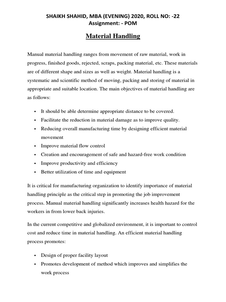 Material Handling Shaikh Shahid, Mba (Evening) 2020, Roll No 22