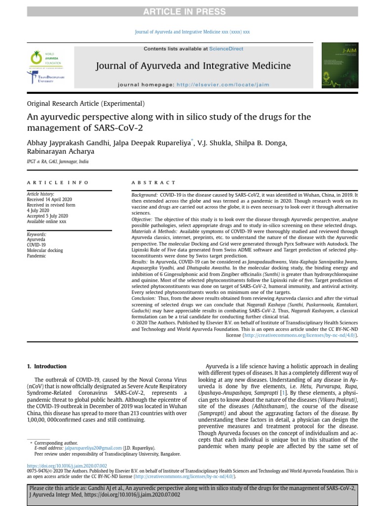 Journal of Ayurveda and Integrative Medicine PDF Ayurveda Docking