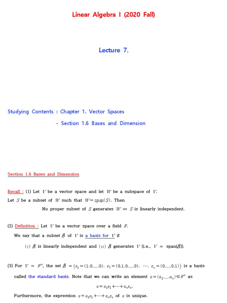Vector Spaces: Bases and Dimension | PDF | Basis (Linear Algebra ...