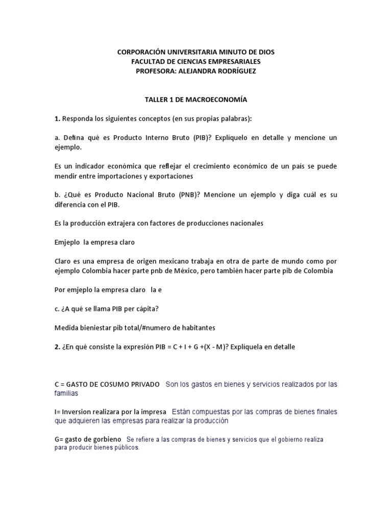 Taller Macroeconomía: PIB y PNB | PDF | Producto Interno Bruto ...