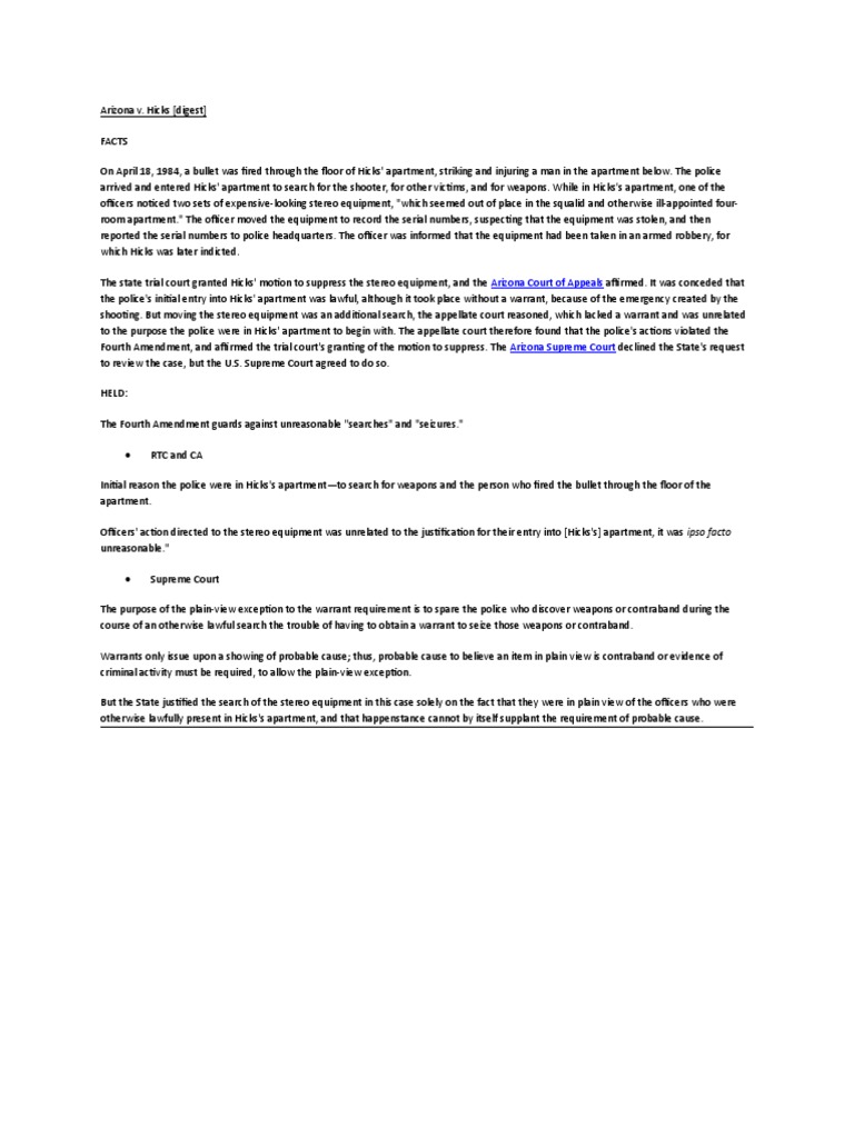 Arizona V Hicks PDF Common Law Government