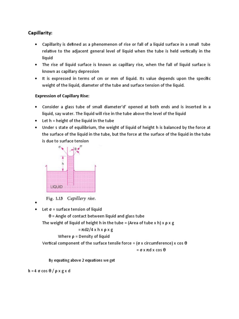 Capillarity: Rise and Fall Expressions | PDF | Pressure | Liquids