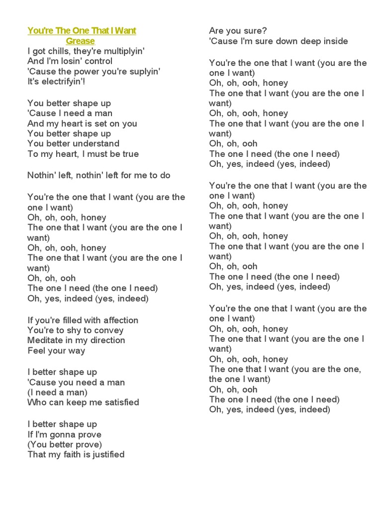 You Re The One That I Want Grease Pdf