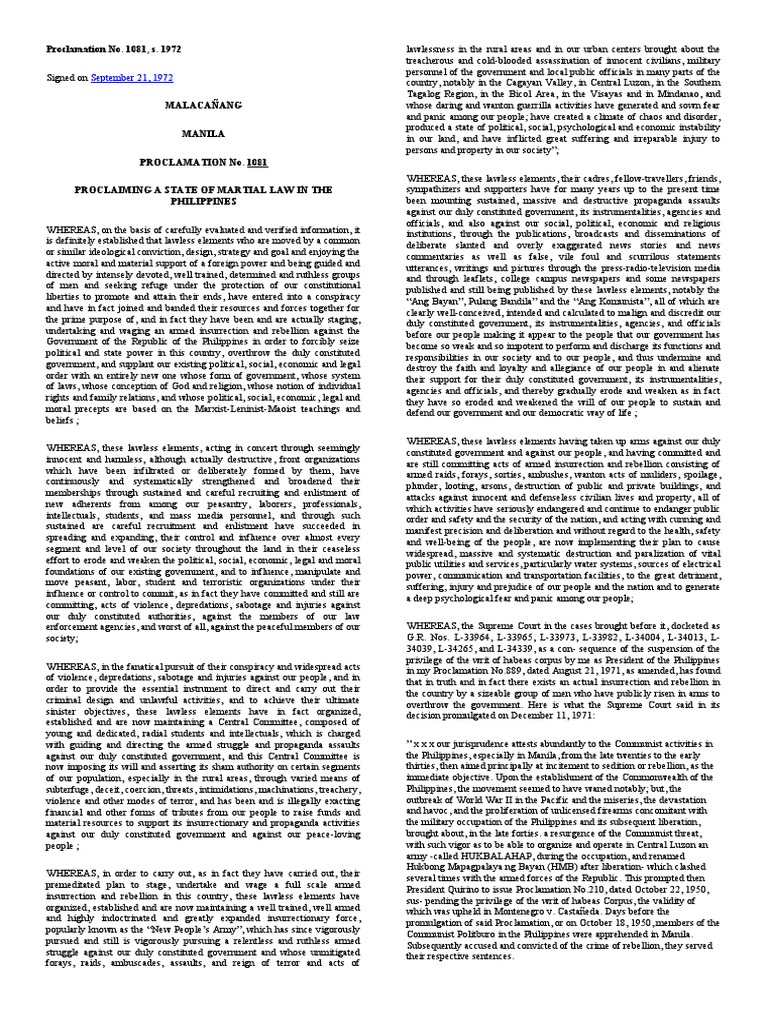 Proclamation No 1081 S 1972 PDF Public Sphere Government