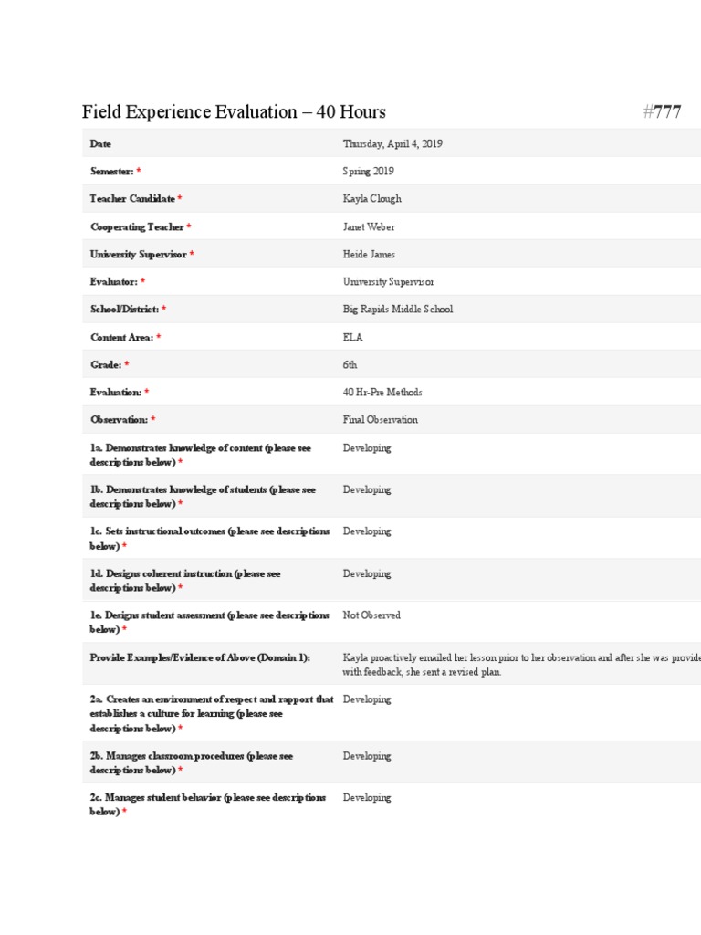 Teacher Field Experience Evaluation | PDF | Educational Assessment ...