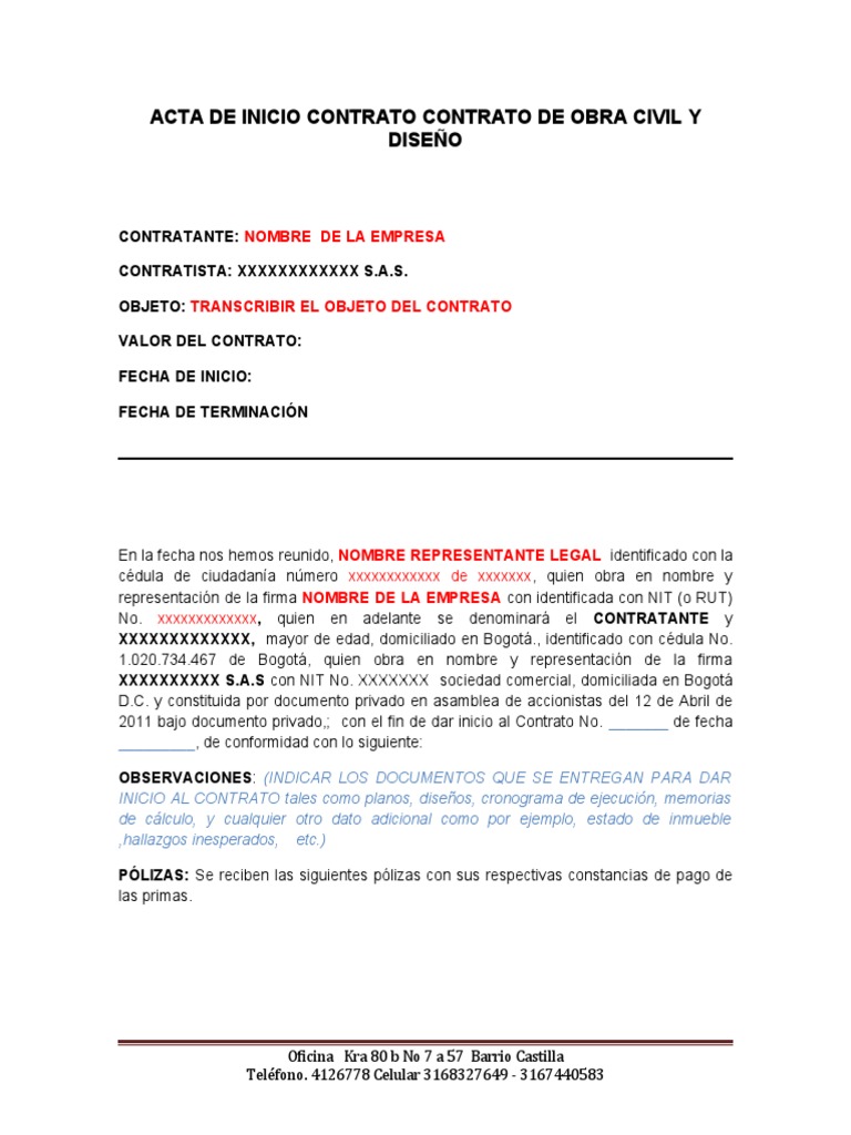 Modelo Acta de Inicio Contrato de Obra Civil para Empresas | PDF ...
