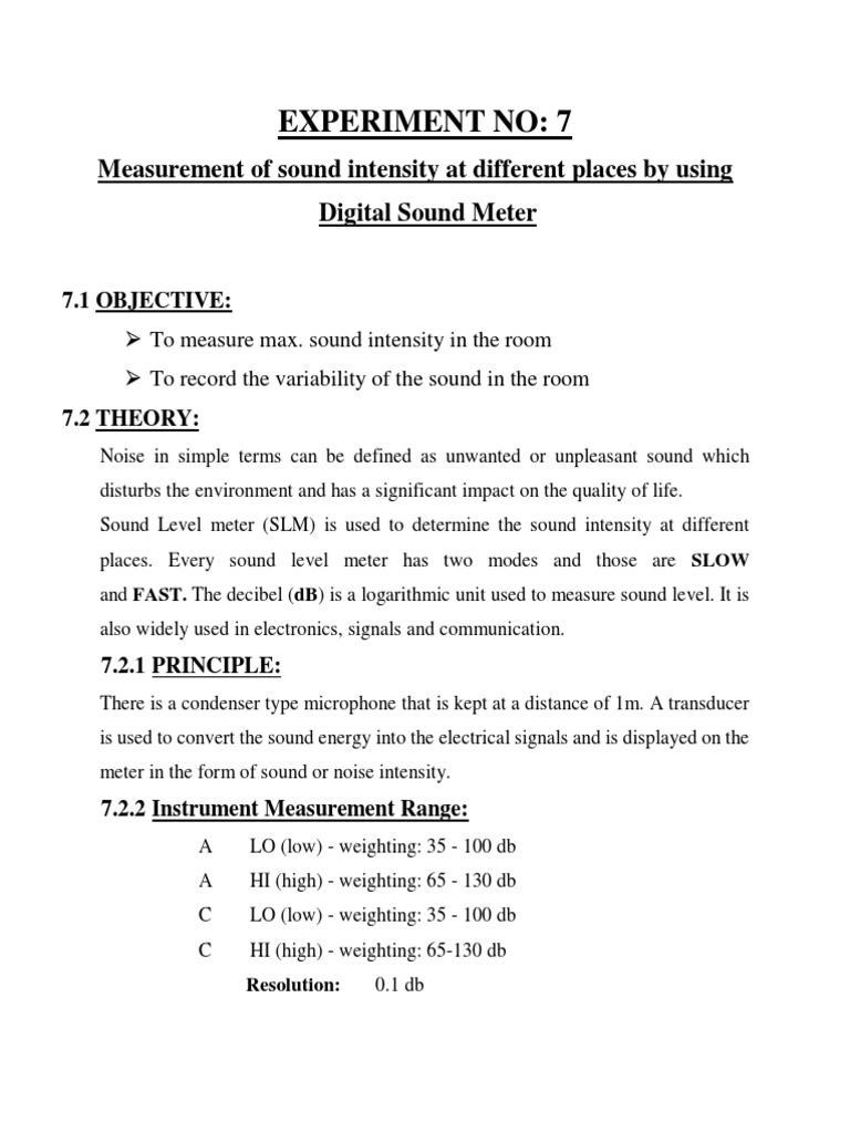 Experiment No 7 Measurement of Sound Intensity at Different Places by