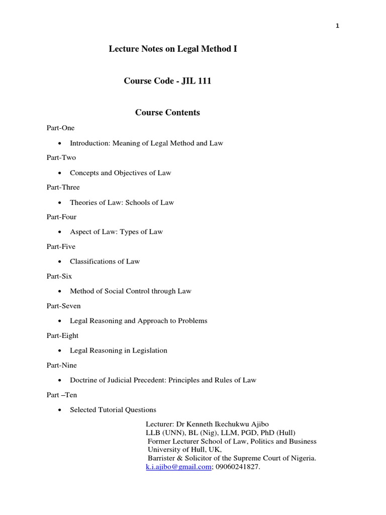 Lecture Notes On Legal Method I: Course Contents | PDF | Jurisprudence ...
