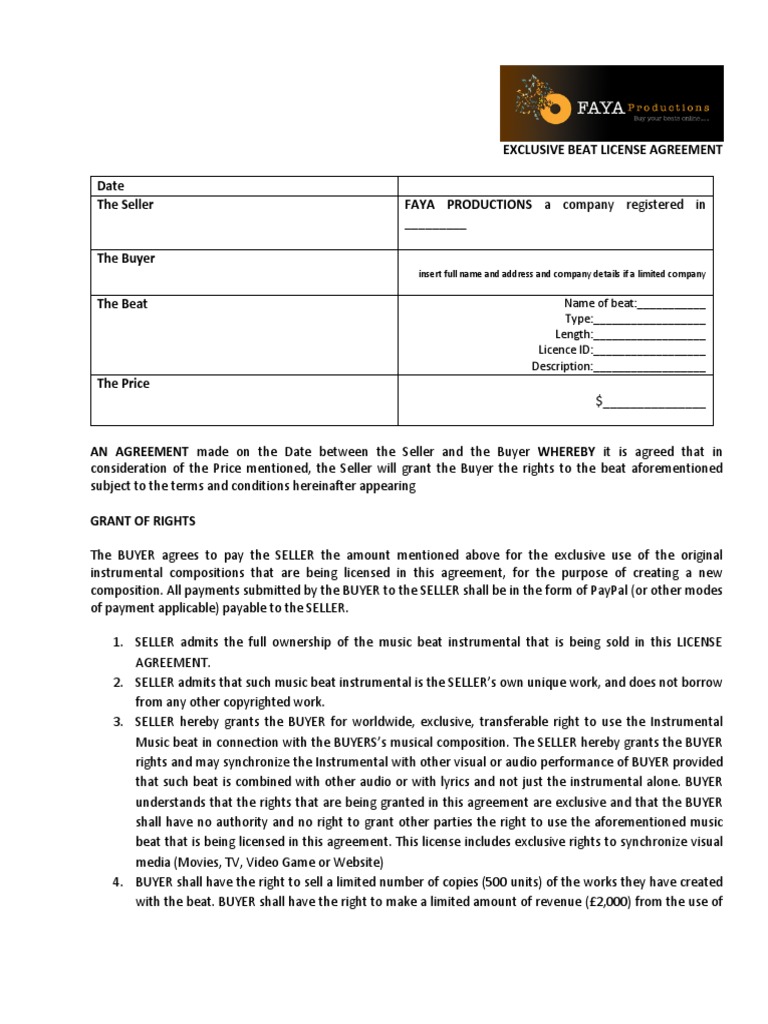 Exclusive Beat License Agreement Faya Productions | PDF | License ...