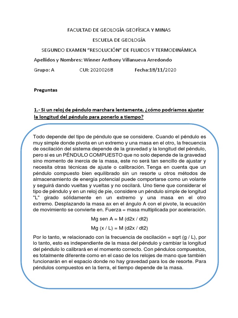 Examen de Fluidos y Termodinámica | PDF | Péndulo | Sonido
