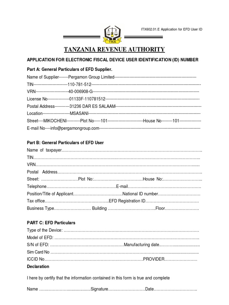EFD User ID Application Form Tanzania | PDF | Technology & Engineering