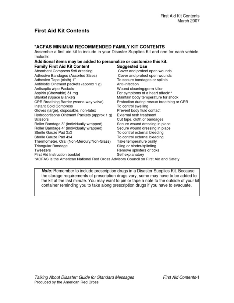 First Aid Kit Essential Contents List | PDF