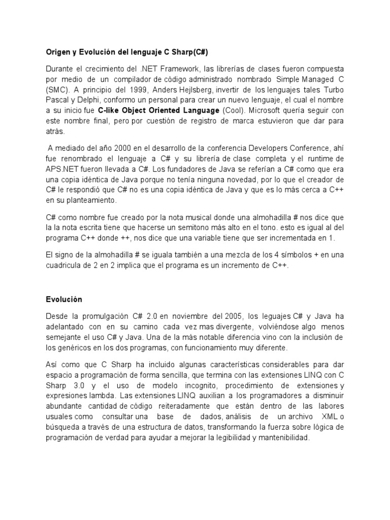 Origen y Evolución del Lenguaje C# | PDF | C Sharp (lenguaje de ...