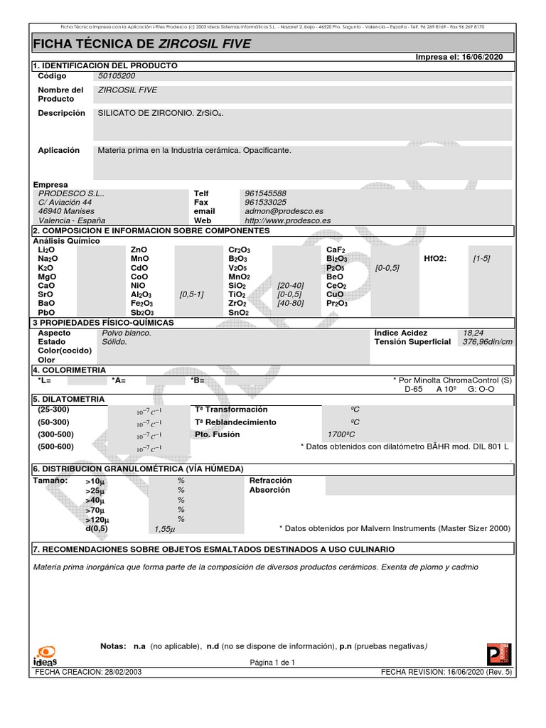 Ficha Técnica de Zircósil 5 | PDF | Ciencias fisicas | Química