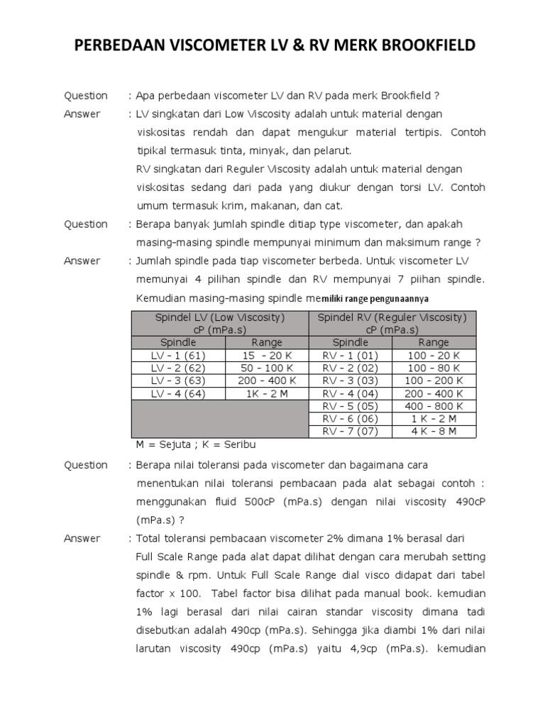 Perbedaan Viskometer LV dan RV Brookfield | PDF