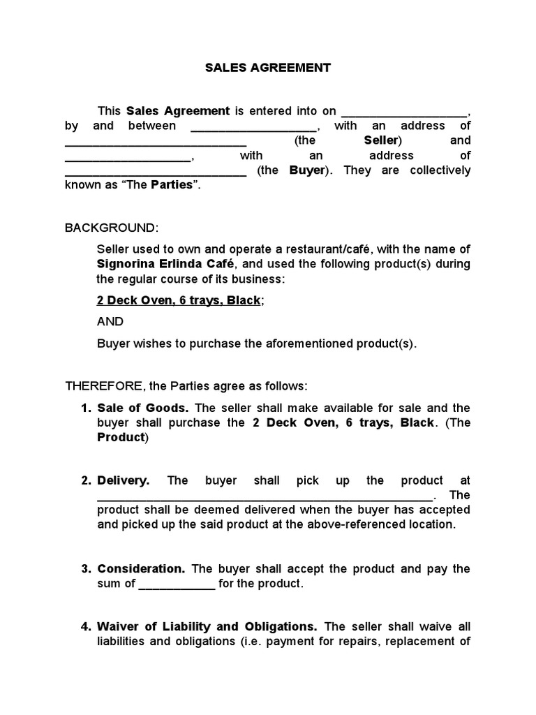 Restaurant Equipment Sales Agreement | PDF