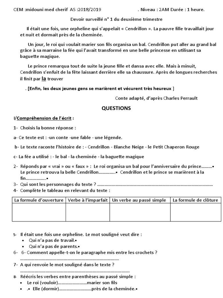 Qui A Ecrit Le Conte De Cendrillon Devoir 2am | PDF | Cendrillon