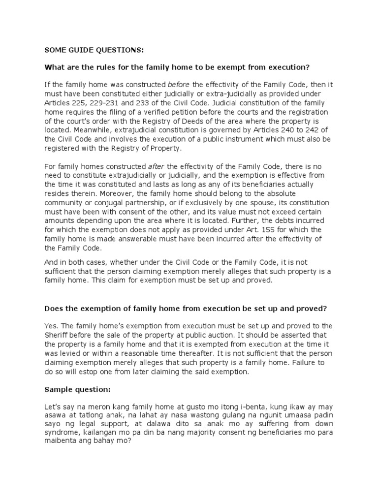 Some Guide Questions What Are The Rules For The Family Home To Be