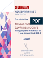 Certificate For MUHAMMAD ISKANDAR ZULKARNAIN BIN MOHD HAFIS For - KUIZ MATEMATIK TAHUN 3 (SET 1)