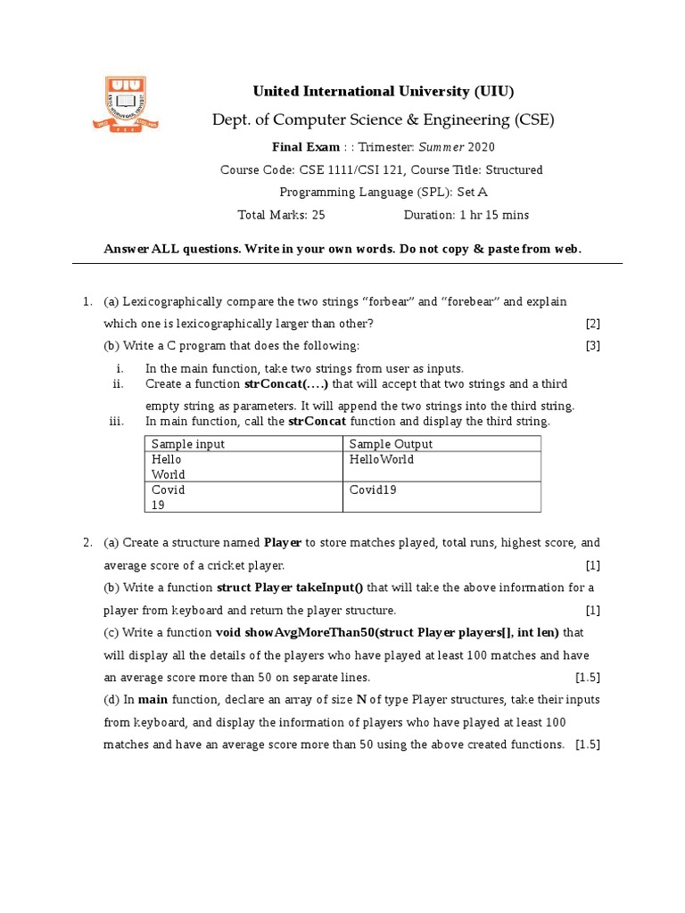 CSE 1111 Final Exam Questions | PDF | Subroutine | Integer (Computer ...