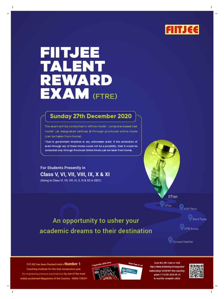 Fiitjee Talent Reward Exam: (FTRE) | PDF | Online And Offline ...