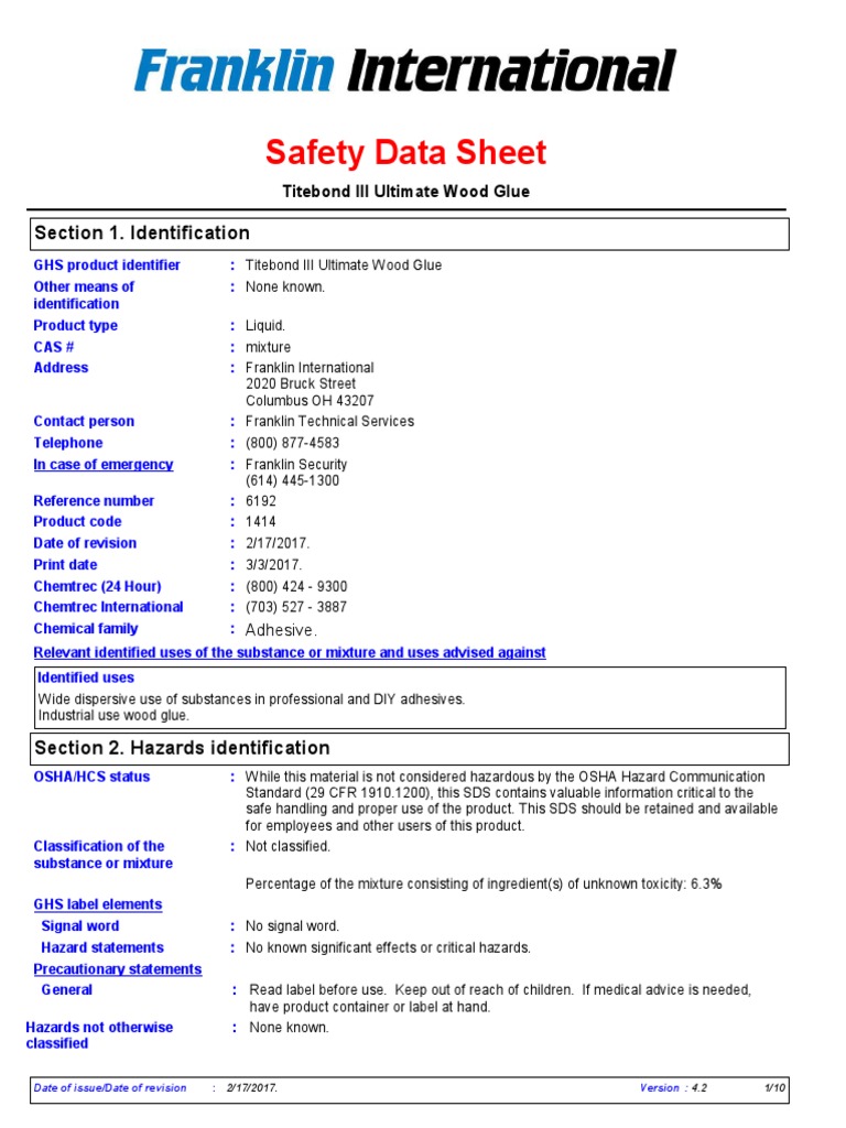 Titebond III Ultimate MSDS PDF Occupational Safety And Health Safety