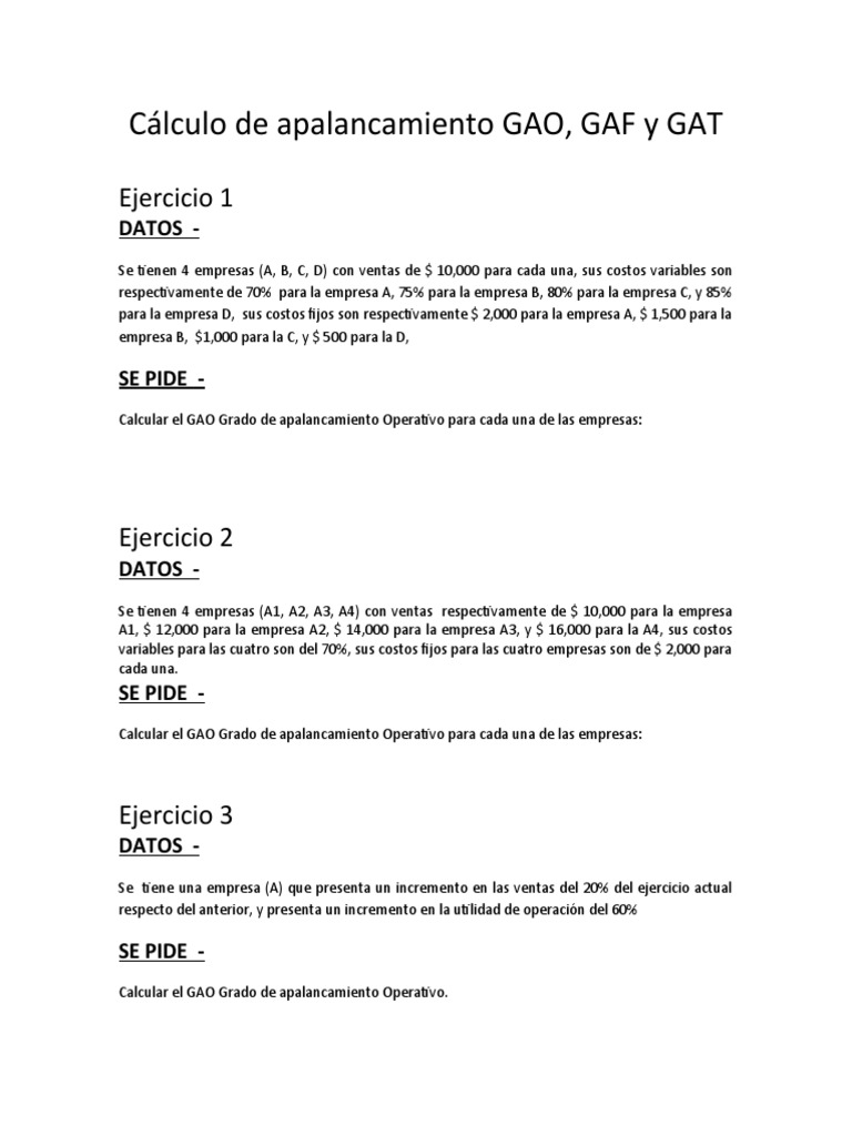 Cálculo de GAO, GAF y GAT en Finanzas | PDF | Apalancamiento (Finanzas ...