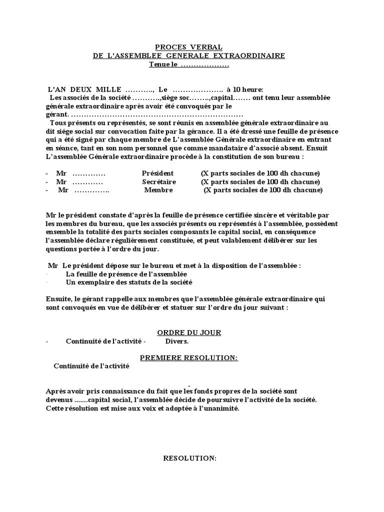 Modele Pv Approbation Des Comptes Sarl Gratuit Exemple PV Continuité D'activité | PDF | Gouvernement