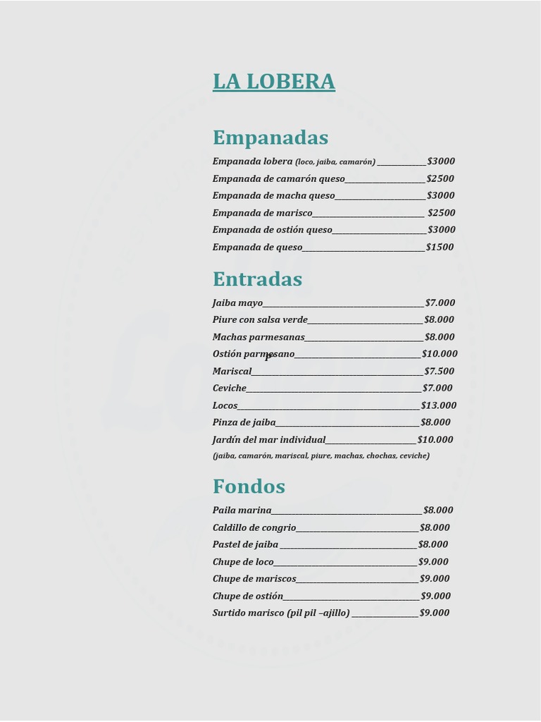 Menú del Restaurante La Lobera | PDF | Mariscos | Cocina latinoamericana